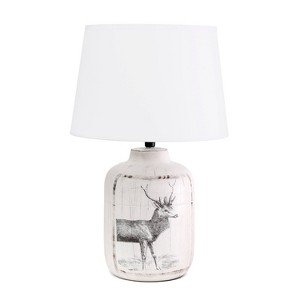Creekwood Home 17.8" Vintage Farmhouse Country Deer Print Accent Table Lamp White Wash - 1 of 4