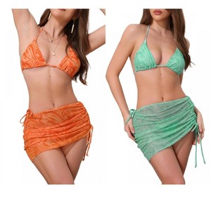 INSPIRE CHIC Women's Water Ripples Colorblock Halter Tie Back Top Triangle Bottom Mesh Cover Up Swimwear Bikini 2 Sets - 1 of 4