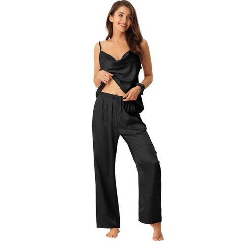 cheibear Womens Satin Sleepwear Cowl Neck Cami Top with Long Pant PJ  Loungewear Silky Pajama Set Black Large