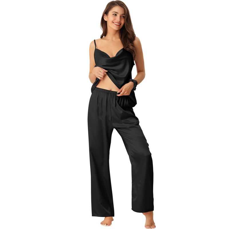 cheibear Women's Satin Cowl Neck Cami Top with Long Pant PJ Loungewear Silky Pajama Set, 1 of 7