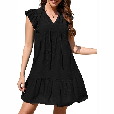 Women's Babydoll Mini Dress Summer V Neck Sleeveless Flutter Sleeve Boho Floral Flowy Shift Short Dress Solid Black M
