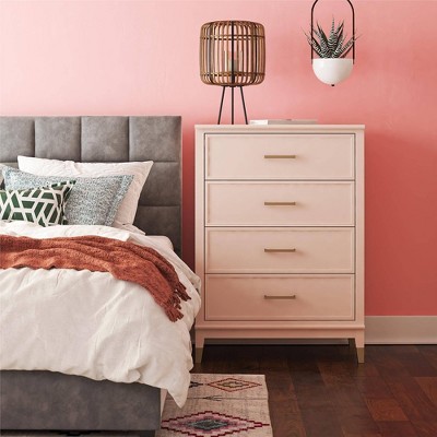 Pale Pink Vertical 4-Drawer Dresser with Gold Accents