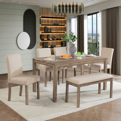 6-Piece Wooden Dining Set: Comfortable Seating Arrangement with Bench and Chairs, Brown Finish