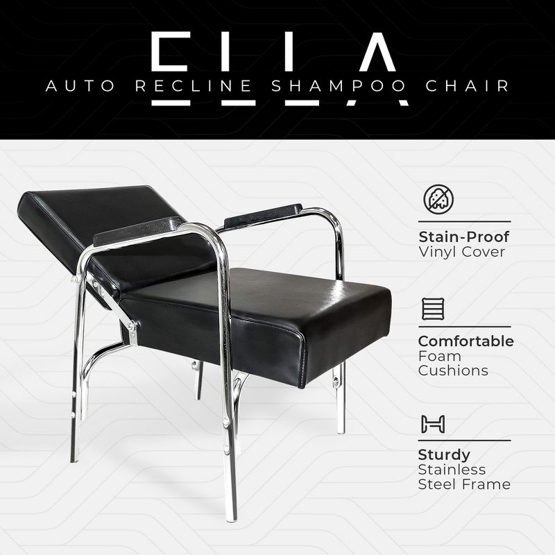 PureSana Chromium Ella Professional Auto Reclining Shampoo Chair with Washable Vinyl, High Density Foam Cushions, and Stainless Steel Frame, Black, 5 of 8