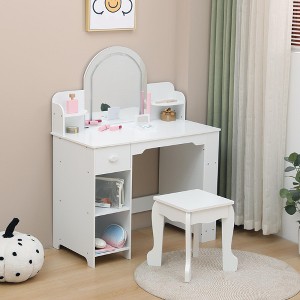 COZONY Kids Vanity Table Set with Mirror & Stool, Makeup Desk with Bookshelf, Drawer & Open Shelves - 1 of 4