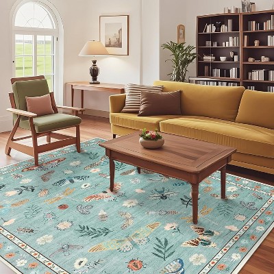 Washable Rug, Modern Floral Insect Carpet, Stain-Resistant Non-Slip Low Pile Floor Cover for Bedroom, Nursery, Classroom, Living Room