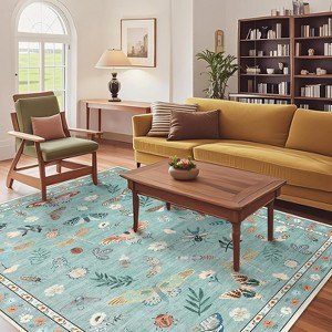 8x10 Green Washable Rug, Floral Insect Modern Carpet, Ultra-Soft Non-Slip Low Pile Large Floor Cover for Bedroom, Nursery, Dorm, Living Room - 1 of 4