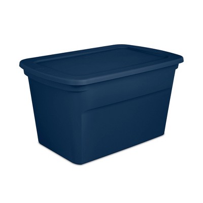Sterilite Lidded Stackable 30 Gallon Storage Tote Container w/ Handles & Indented Lid for Space Saving Household Storage, Marine Blue, 12 Pack