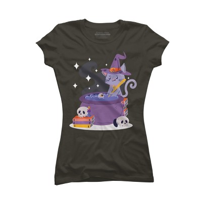 Junior's Design By Humans Halloween Kitty Cauldron By machmigo T-Shirt