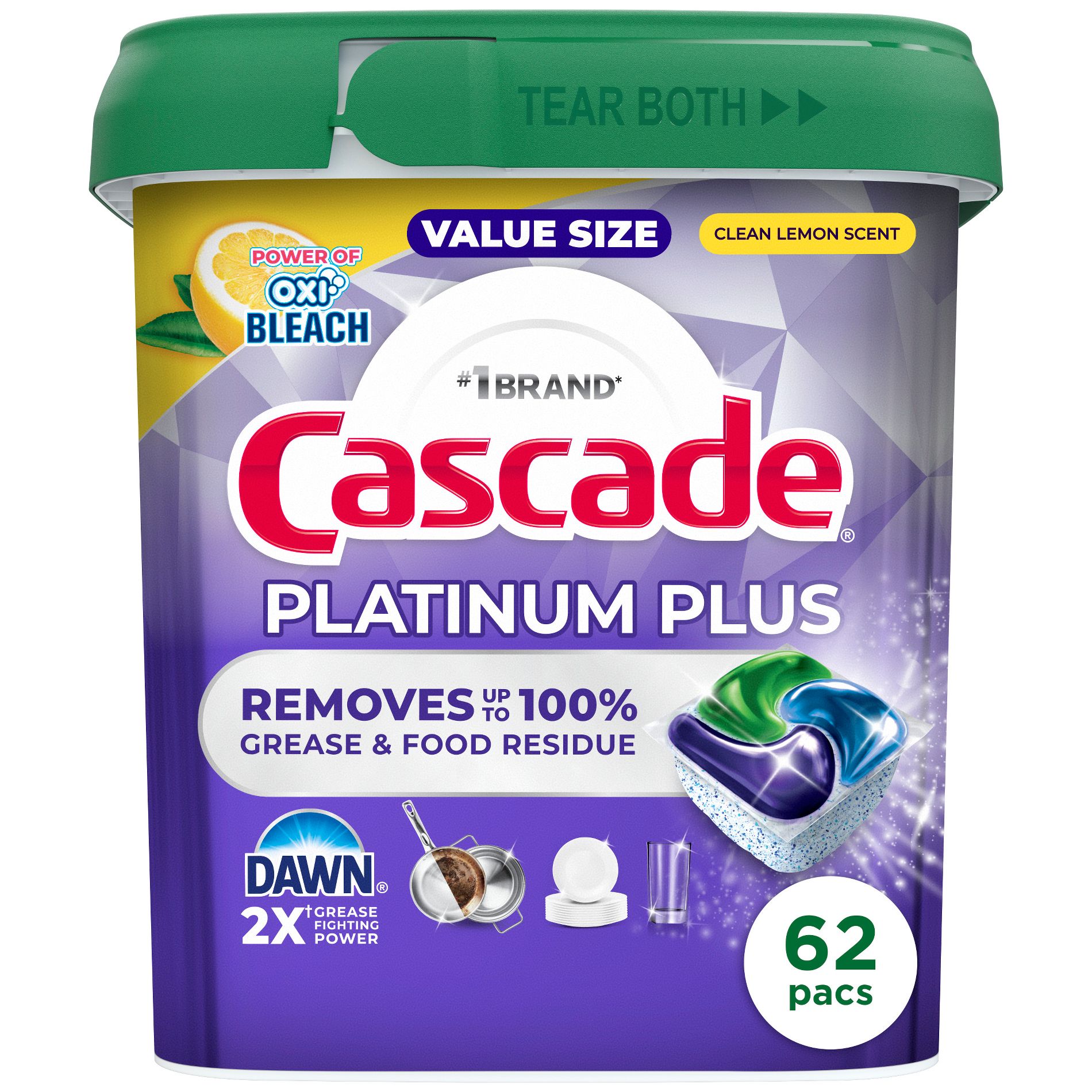 Cascade Lemon Platinum Plus Action Pacs Power of Bleach Clean Dishwasher Detergents - 62ct