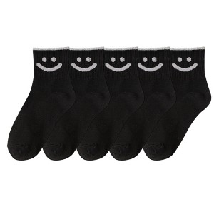Anna-Kaci 5 Pairs Women's Ankle Socks with Smiley Face Design Soft Cotton Ribbed Cuffs for Casual Everyday Wear - 1 of 4