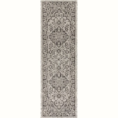 Rozetta Boho Medallion Gray/Black Synthetic Indoor/Outdoor Runner Rug - 2x8