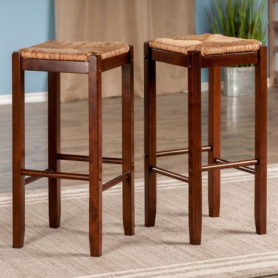 Kaden 29" Brown Wood Backless Bar Stools with Rush Seat