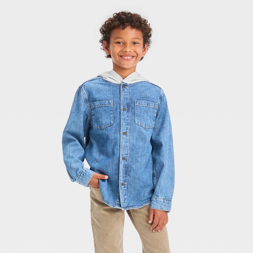 Boys' Long Sleeve Hooded Shacket - Cat & Jack™ Medium Wash XXL