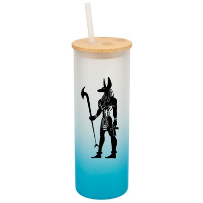 Elanze Designs Anubis Guardian of the Afterlife Sky Blue Frosted Gradient Glass Tumbler with Bamboo Lid & Straw 25 ounce Reusable Iced Coffee or Water