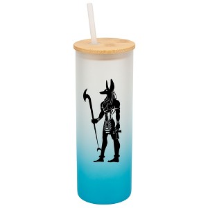 Elanze Designs Anubis Guardian of the Afterlife Sky Blue Frosted Gradient Glass Tumbler with Bamboo Lid & Straw 25 ounce Reusable Iced Coffee or Water - 1 of 4