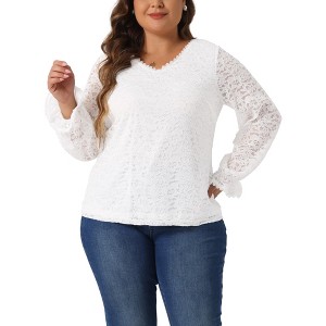 Agnes Orinda Women's Plus Size Lace Floral V Neck Sheer Long Sleeve Lined Dressy Casual Blouses - 1 of 4
