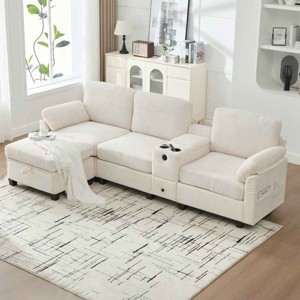 L-Shaped Sectional Sofa with Storage Ottoman, 4-Seat Sofa with Movable Console and Pockets, Corduroy Sofa with Wood Frame-Coolbibila - 1 of 4