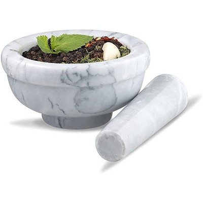 Homeitusa Granite Mortal and Pestle with White Marble Finish Set Use to Grind Spices and Pills in Grey 4.5 Inch diameter