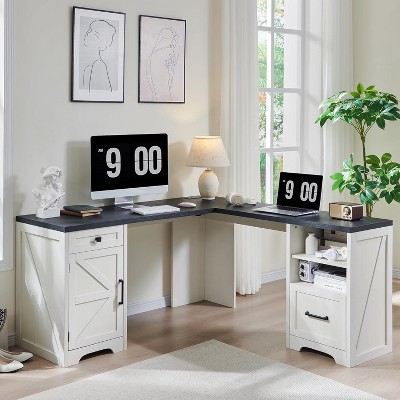 SinCiDo Home Office Desk, Modern Farmhouse 59" Computer Desk w/File Cabinet for Letter, T4, F4 Legal Storage, for Writing & Studying