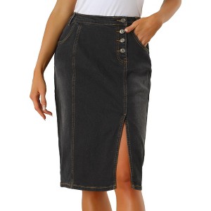 Allegra K Women's Button Decor Side Slit Slash Pocket Midi Denim Skirt - 1 of 4