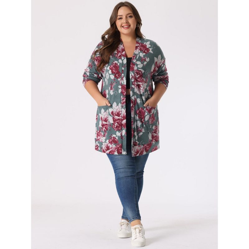 Agnes Orinda Women's Plus Size Lightweight Open Front Knit Floral Cardigan, 4 of 7