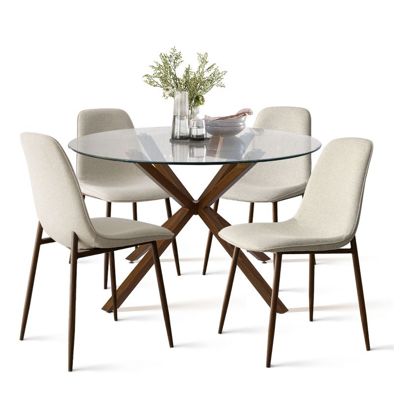 Olive+Oslo Round Glass Dining Table With Chairs,5-Piece Round Clear Glass Dining Table Set with 4 Upholstered Dining Chairs Walnut Legs-The Pop Maison, 4 of 9