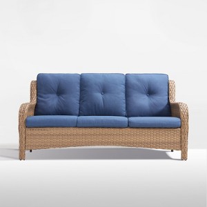 POCASSY 74" Wide Outdoor Wicker Patio Sofa with Cushions, All Weather Yellow Wicker Furniture Sofa 3 Seater Couch for Porch, Deck, Balcony - 1 of 4