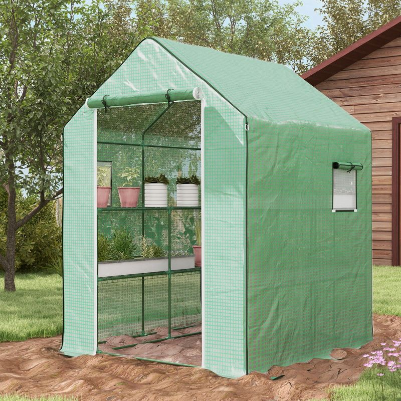 Outsunny 4.6' x 4.7' Portable Greenhouse, Small Walk-In Greenhouse, Hot House with 2 Tier U-Shape Flower Rack, 3 of 7