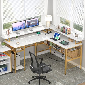 Aheaplus L Shape Computer Desk with Monitor Stand, Reversible Gaming Desk with Charge Station and LED Light - 1 of 4