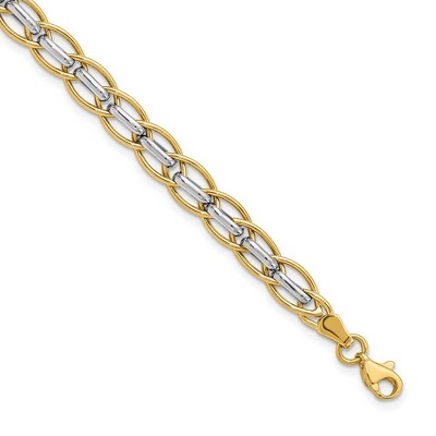 Black Bow Jewelry 14k Yellow and White Gold 6mm Two Tone Link Chain Bracelet, 7.25 Inch