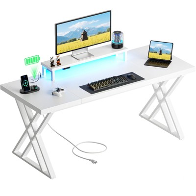 Dolonm Thick Gaming Desk with LED Lights, USB Charging, Monitor Riser & Waterproof Top for Home Office