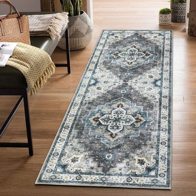 Boho Floral Vintage Faux Wool Washable Area Rug Ultra Thin Stain Resistant Pet Friendly Non Slip Accent Carpet for Living Room Bedroom Kitchen