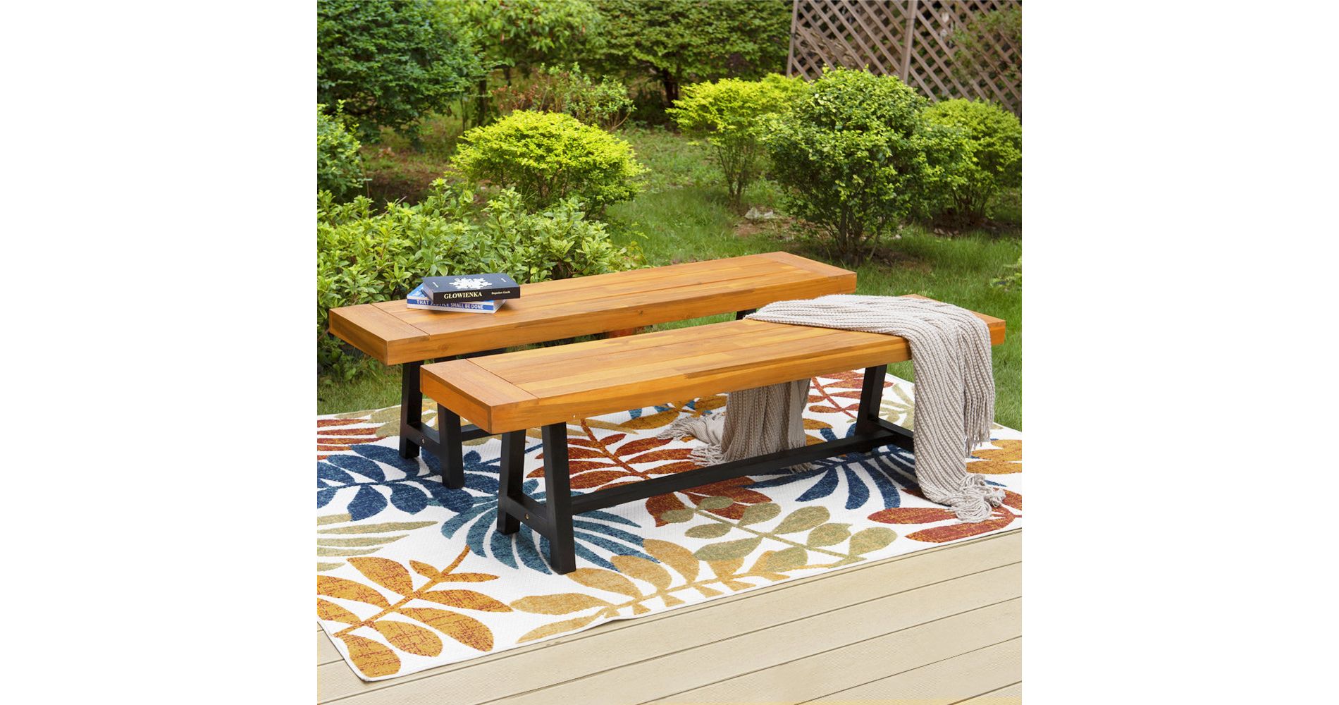 Captiva Designs 2Pc Outdoor Patio Weatherproof Dining Long Narrow Garden Backless Acacia Wood Bench
