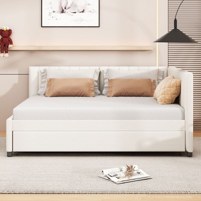 Full Size Upholstered Bed with Pull-Out Trundle and Backrest, Linen Sofa Bed for Apartment or Guest Room-Baofuwish