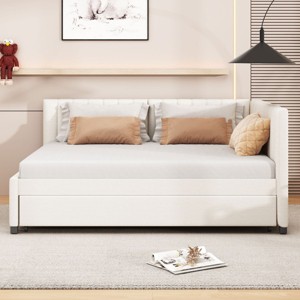 Full Size Upholstered Bed with Pull-Out Trundle and Backrest, Linen Sofa Bed for Apartment or Guest Room-Baofuwish - 1 of 4