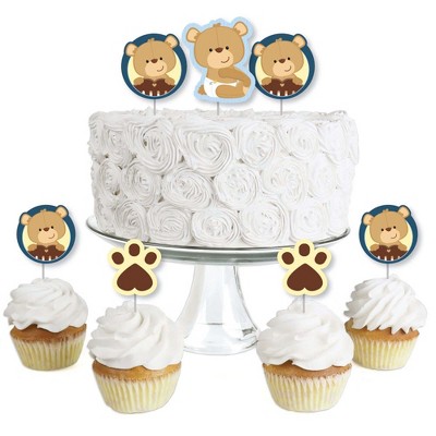 Big Dot of Happiness Baby Boy Teddy Bear - Dessert Cupcake Toppers - Baby Shower Clear Treat Picks - Set of 24