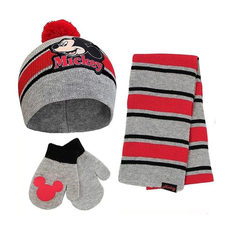 Mickey Mouse Boy's Toddler Winter Hat, Scarf & Gloves Set, Kids Ages 4-7 (Grey- Red), 1 of 3