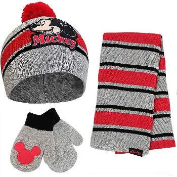 Mickey Mouse Boy's Toddler Winter Hat, Scarf & Gloves Set, Kids Ages 4-7 (Grey- Red)