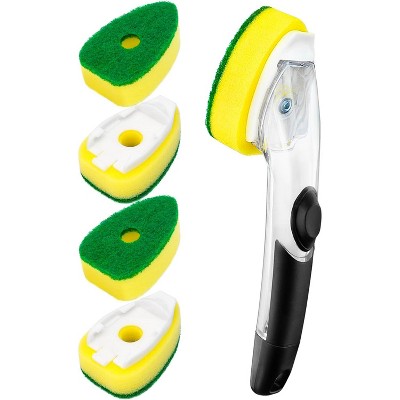Dishwand Handle with Heavy Duty Sponge Refills, Non-Scratch Dishwashing Brush with Soap Control Dispenser for Kitchen Cleaning
