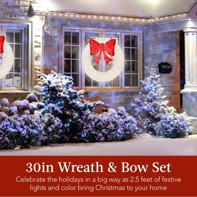 30-Inch White and Red LED Pre-Lit Outdoor Christmas Wreath with Bow