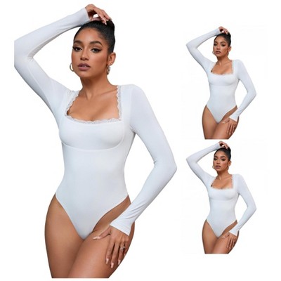 INSPIRE CHIC 3 Pcs Women's Lace Square Neck Long Sleeve Tummy Control Body Shapers