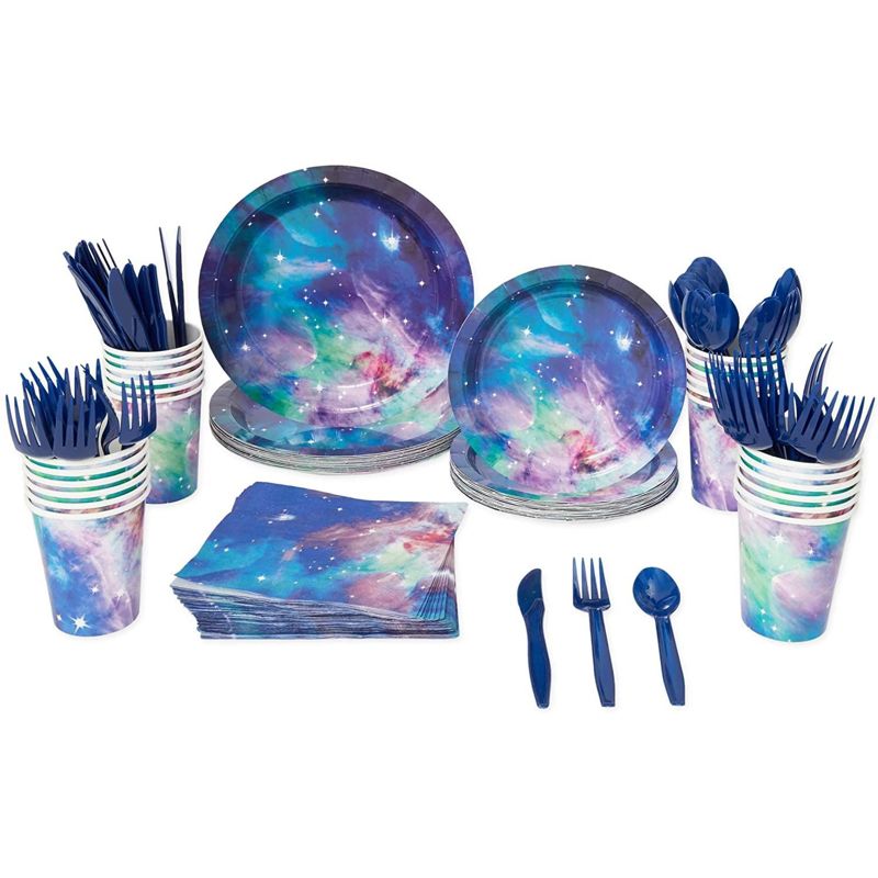 Blue Panda 168 Pieces Galaxy Party Supplies with Paper Plates, Napkins, Cups, and Cutlery for Outer Space Birthday Party Decorations, Serves 24, 5 of 8