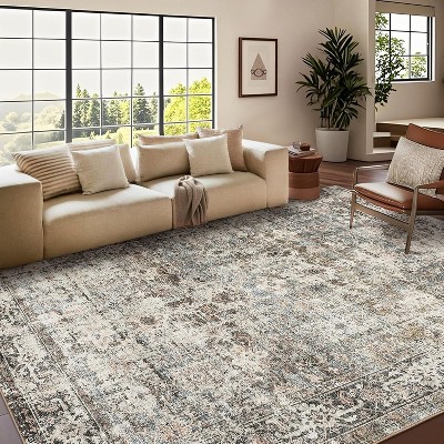 Area Rugs, Machine Washable Large Boho Rugs, Soft Non-Slip Indoor Vintage Distressed Print Lightweight Low Pile Carpet