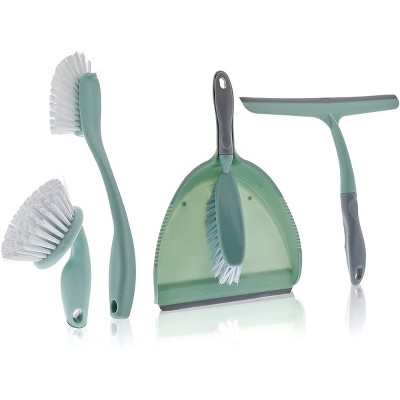 Okuna Outpost 5 Pcs Small Broom and Dustpan with Squeegee Set, Home Cleaning Supplies, Green