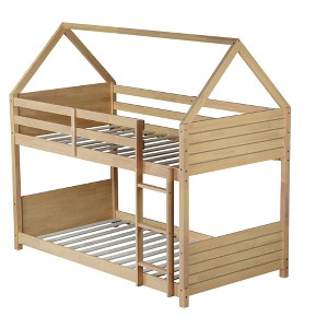 Gulches Twin Over Twin House Floor Bunk Bed - Fluted Headboards/Footboards, Guardrails, Rubber Wood Ladder, White Oak - 1 of 4