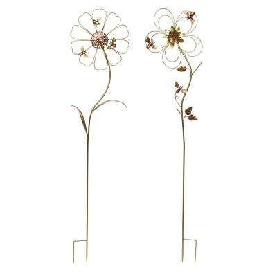 Transpac Metal Bee Flower Yardstakes Set of 2 Decorative Garden Stakes with Bird Figurines for Indoor and Outdoor Use