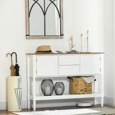 White Wood Console Table with Drawers and Storage Shelf