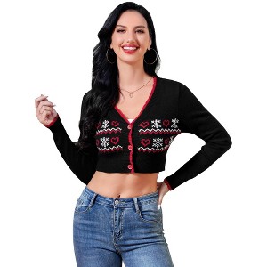 Coolmee Women's Print Crop Cardigan Button Down Long Sleeve V Neck Slim Fit Sweater Short Tops - 1 of 4