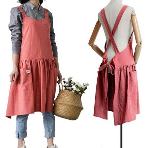 Women's Cotton Linen Cross Back Apron with Pockets - Turquoise with Waist Ties, for Gardening, Cleaning, and Cooking - 1 of 4